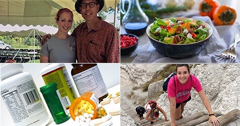 combination of pictures, person climbing, medications, salad
