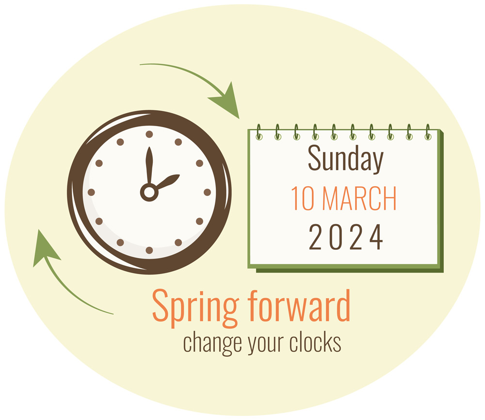 Spring forward change your clocks on March 10, 2024